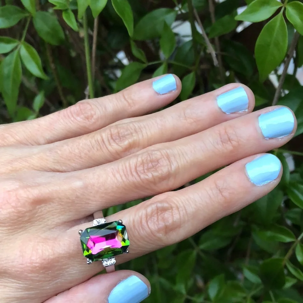 Emerald Cut Heliotrope Crystal + Cubic Zirconia Silver Ring